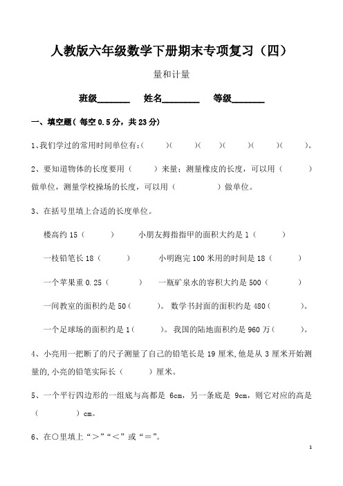 人教版六年级数学下册期末专项复习(四)量和计量(含答案)