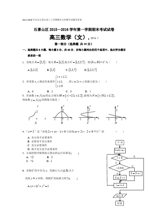 2015-2016年北京石景山高三上学期期末数学(文)试题及答案