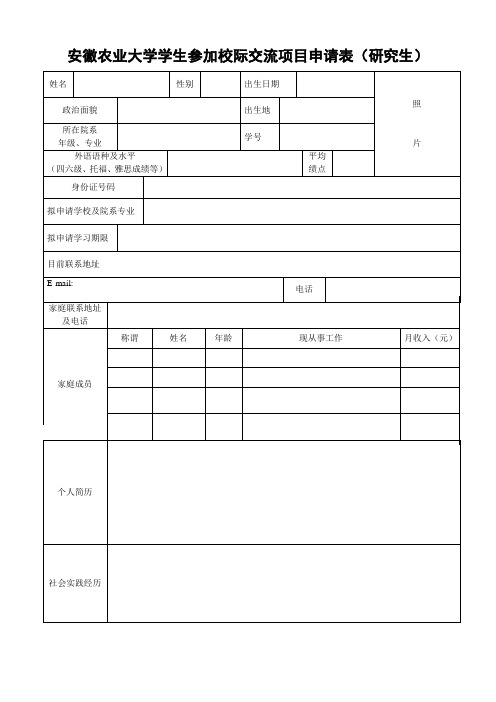 安徽农业大学学生参加校际交流项目申请表(研究生)