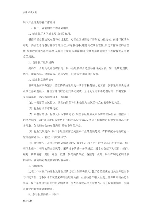 餐厅开业前期筹备工作计划清单的应用清单