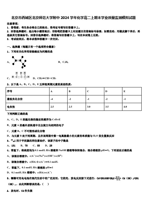 北京市西城区北京师范大学附中2024学年化学高二上期末学业质量监测模拟试题含解析