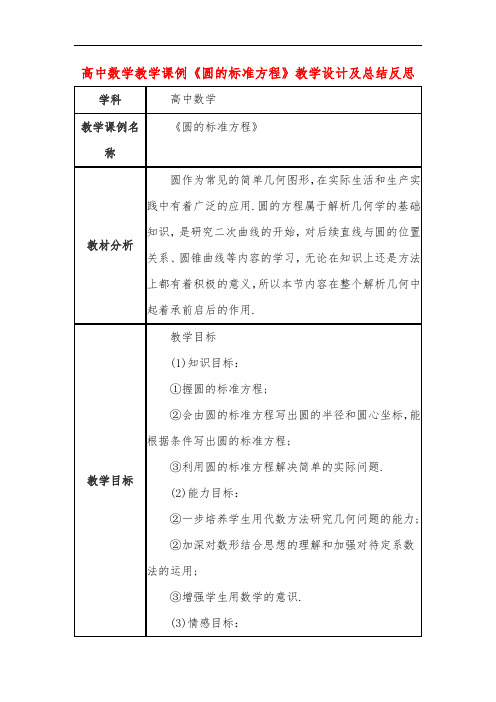 高中数学教学课例《圆的标准方程》课程思政核心素养教学设计及总结反思