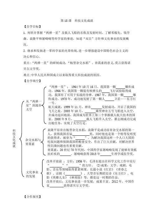 人教版部编八年级历史下册 第18课 科技文化成就  导学案设计(无答案)