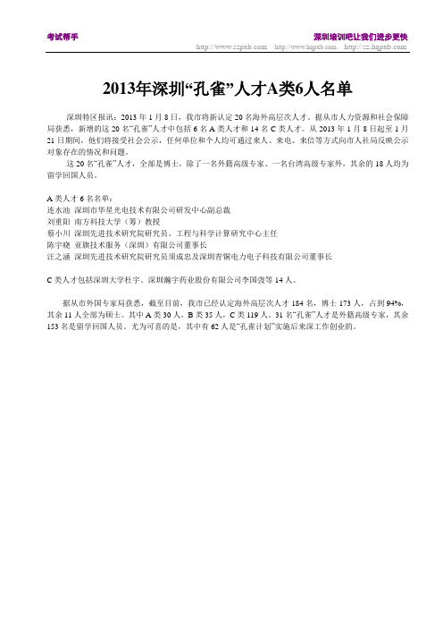 2013年深圳“孔雀”人才A类6人名单