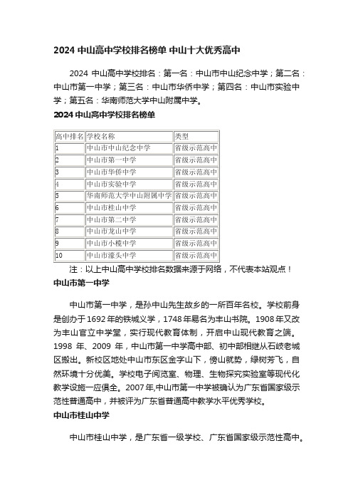 2024中山高中学校排名榜单中山十大优秀高中