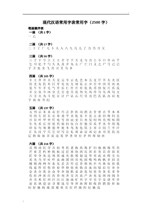 现代汉语常用字表常用字(2500字)