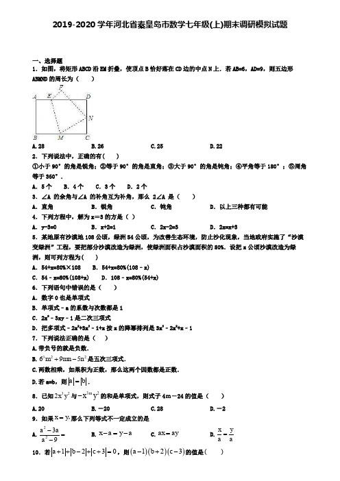 2019-2020学年河北省秦皇岛市数学七年级(上)期末调研模拟试题