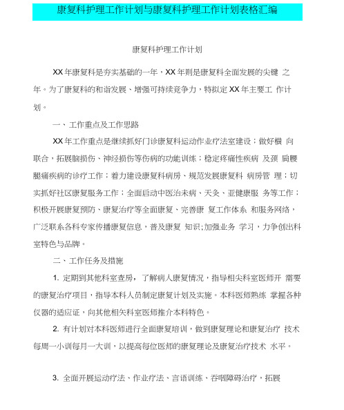 康复科护理工作计划与康复科护理工作计划表格汇编.doc