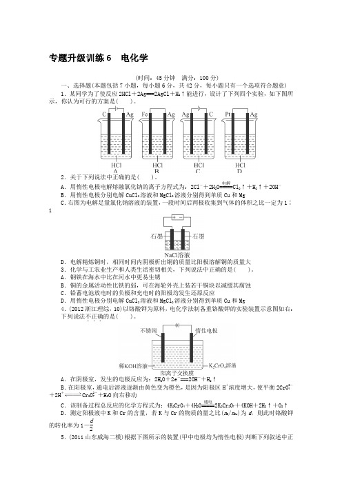 2013年高考第二轮复习化学人教全国版电化学专题升级训练卷(附答案)