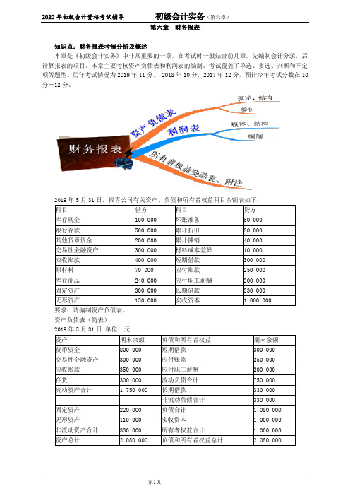 2020年初级会计资格考试辅导初级会计实务：第六章财务报表