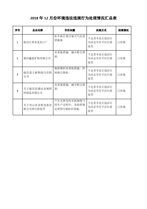 2018年12月份环境违法违规行为处理情况汇总表