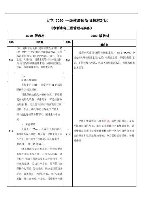 2020年一级建造师考试《水利水电》新旧教材对比