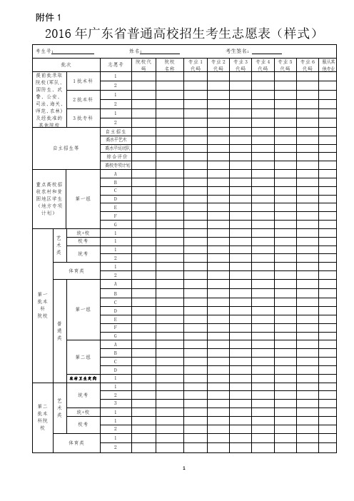 2016年广东省普通高校招生考生志愿表