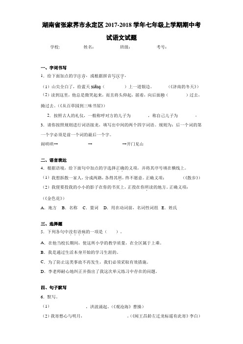 湖南省张家界市永定区2020~2021学年七年级上学期期中考试语文试题