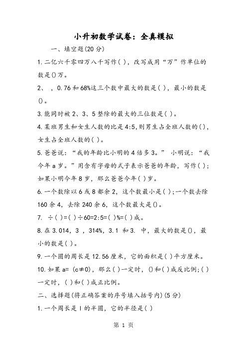小升初数学试卷：全真模拟