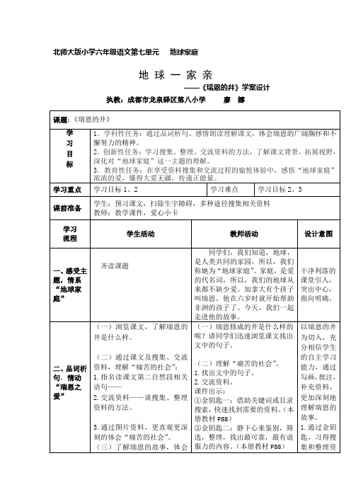六年级上册语文教案-瑞恩的井∣北师大版 (二)