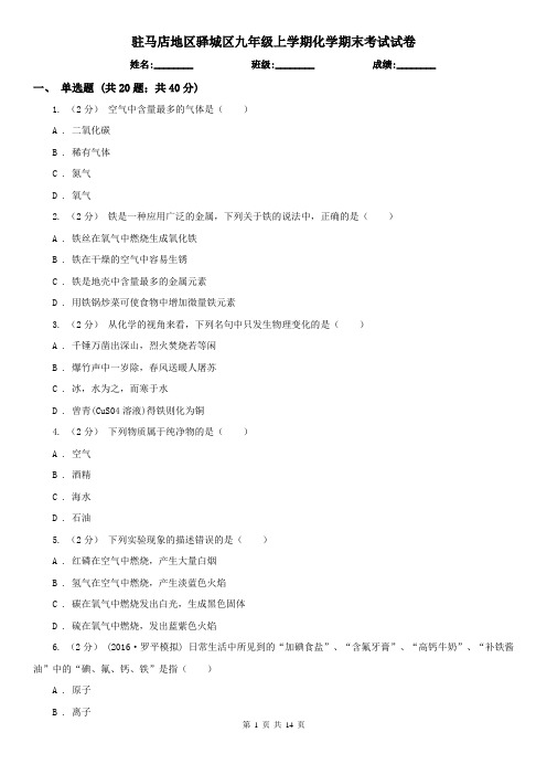 驻马店地区驿城区九年级上学期化学期末考试试卷