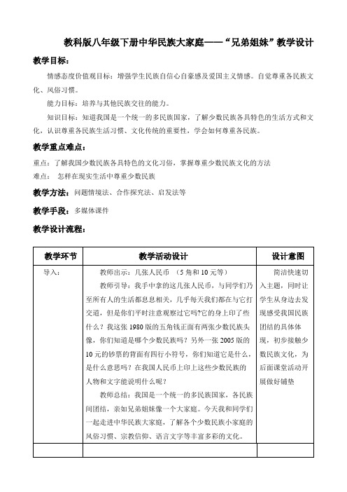 教科版八年级下册中华民族大家庭——“兄弟姐妹”教学设计