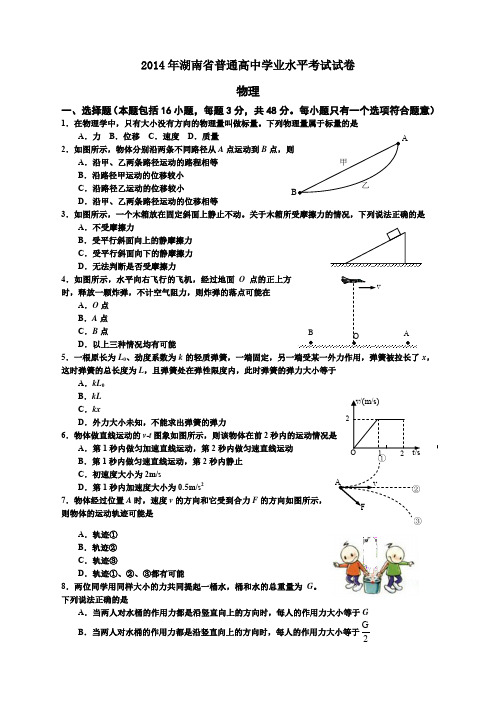 湖南省普通高中学业水平考试物理试卷及答案