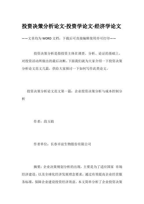 投资决策分析论文-投资学论文-经济学论文
