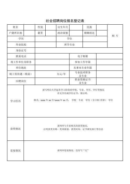 社会招聘岗位报名登记表