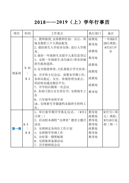 2018—2019学年(上)学校行事历