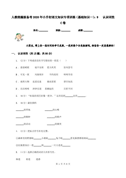 人教统编版备考2020年小升初语文知识专项训练(基础知识一)：9   认识词性C卷