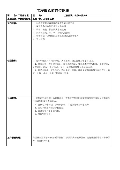 酒店工程部岗位职责
