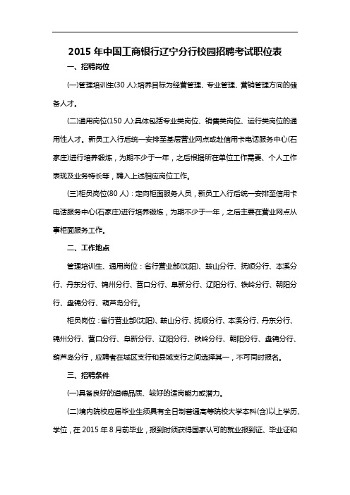 2015年中国工商银行辽宁分行校园招聘考试职位表