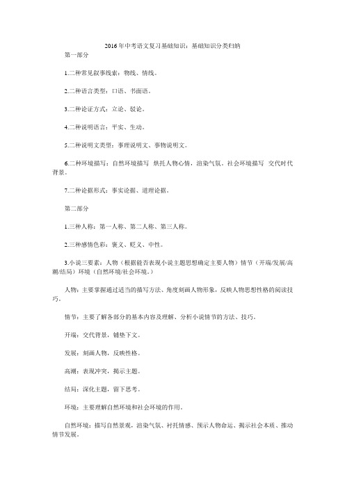 2016年中考语文复习基础知识：基础知识分类归纳