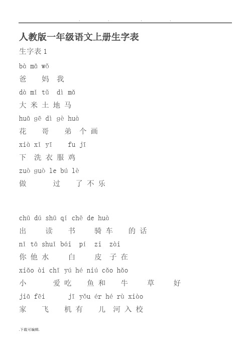 人教版一年级语文(上册)生字表_带拼音
