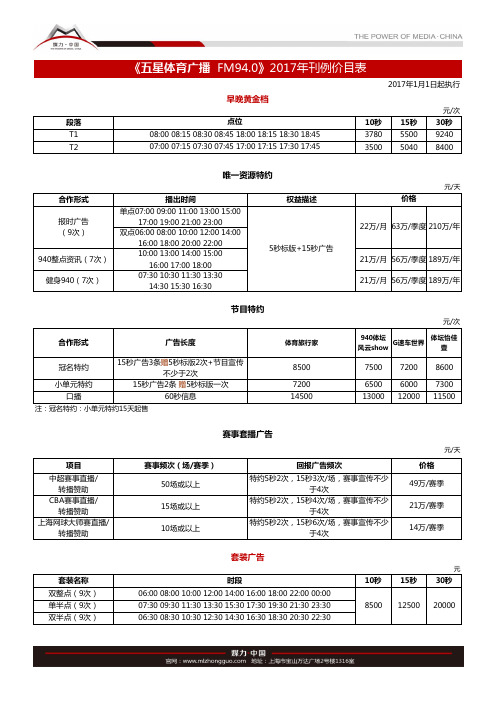 2017年FM94.0 五星体育频率广播广告刊例表(1月起执行)