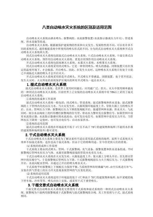 八类自动喷水灭火系统的区别及适用范围