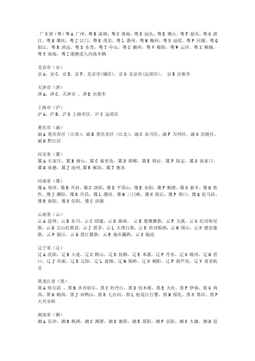 全国车牌号码归属地