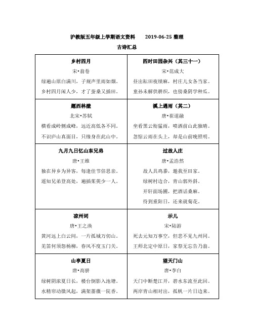 沪教版语文五年级上学期古诗名言