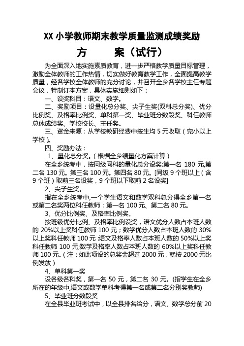 2011年期末考试成绩奖励方案