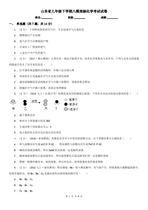 山东省九年级下学期八模理综化学考试试卷