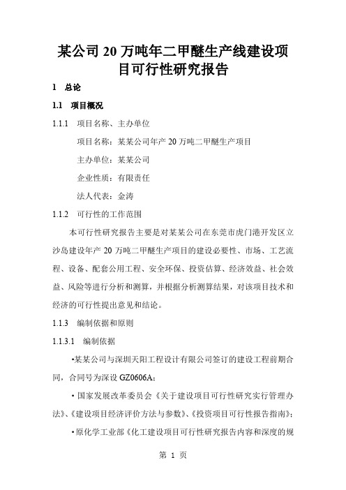 某公司万吨二甲醚生产线建设项目可行研究报告-优秀甲级资质可研报告71页word文档