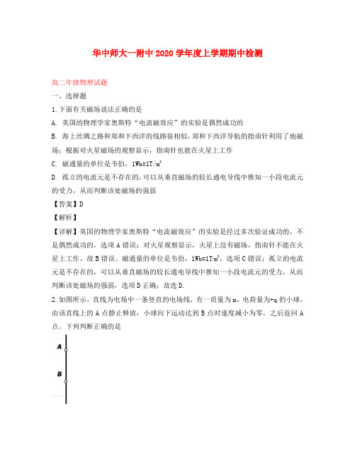 湖北省武汉市华中师范大学第一附属中学2020学年高二物理上学期期中检测试题(含解析)