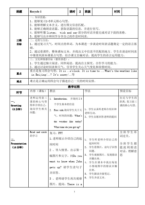 人教PEP四年级下册英语Recycle1教案