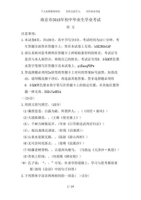 江苏省南京市中考语文试卷含答案