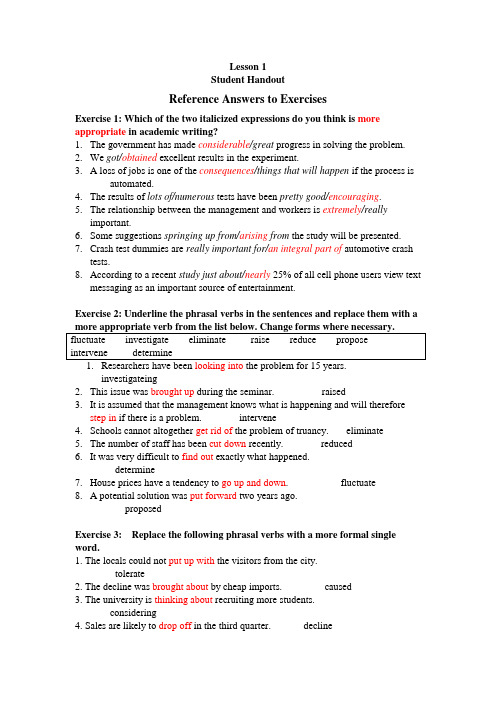 reference answers to exercises in Student handout lesson 1