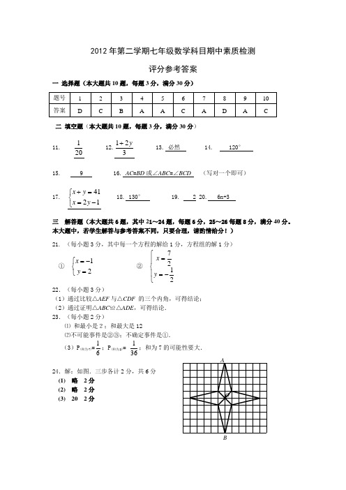 2012年第二学期七年级数学科目期中素质检测卷_评分参考标准