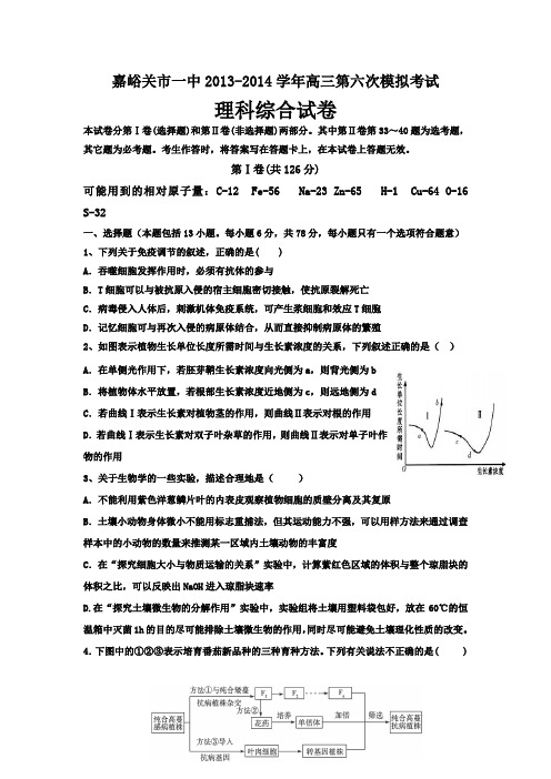 甘肃省嘉峪关一中2014届高三下学期六模考试理综试题Word版含答案