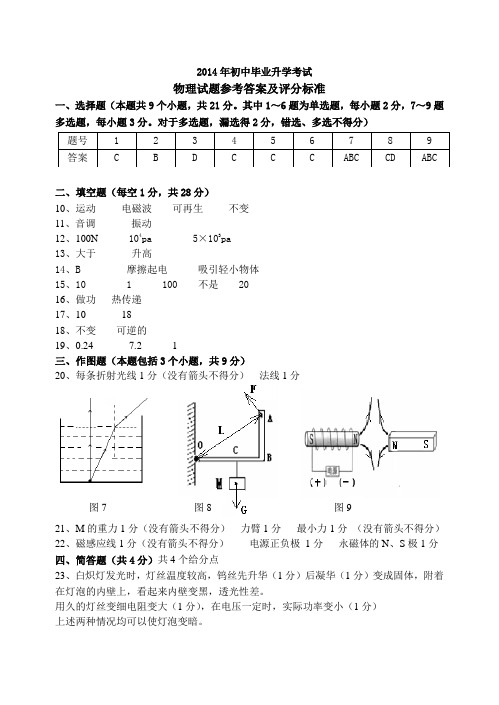 2014年中考物理试题(正卷)参考答案及评分标准