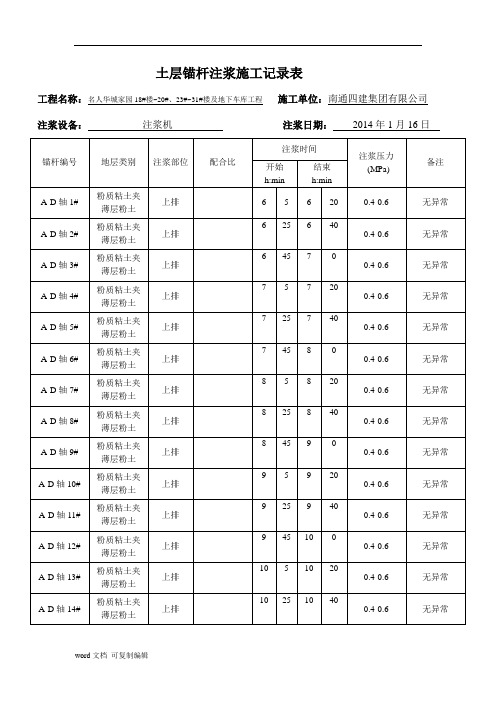 锚杆注浆施工记录表