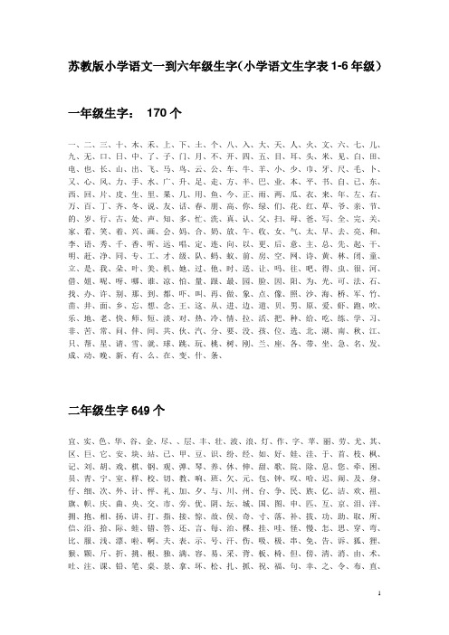 苏教版小学语文一到六年级生字