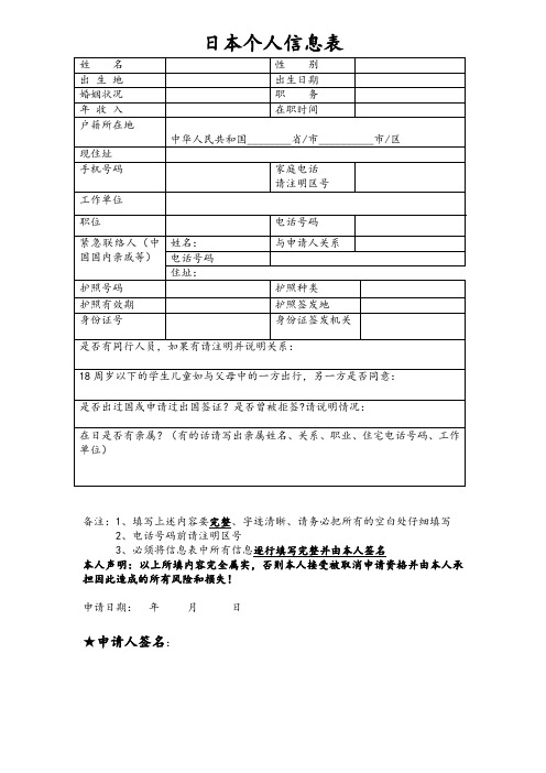 日本个人信息表