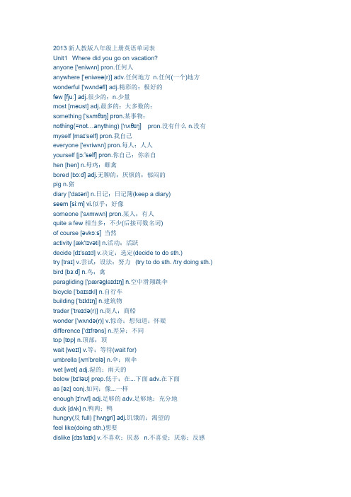 2013新人教版八年级上册英语单词表