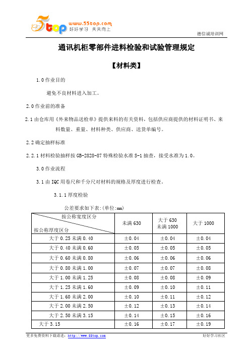 通讯机柜零部件进料检验和试验管理规定